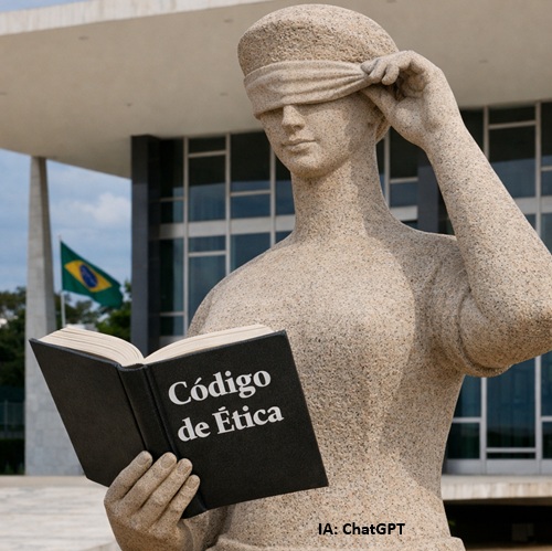 Estátua da Justiça lendo código de ética
